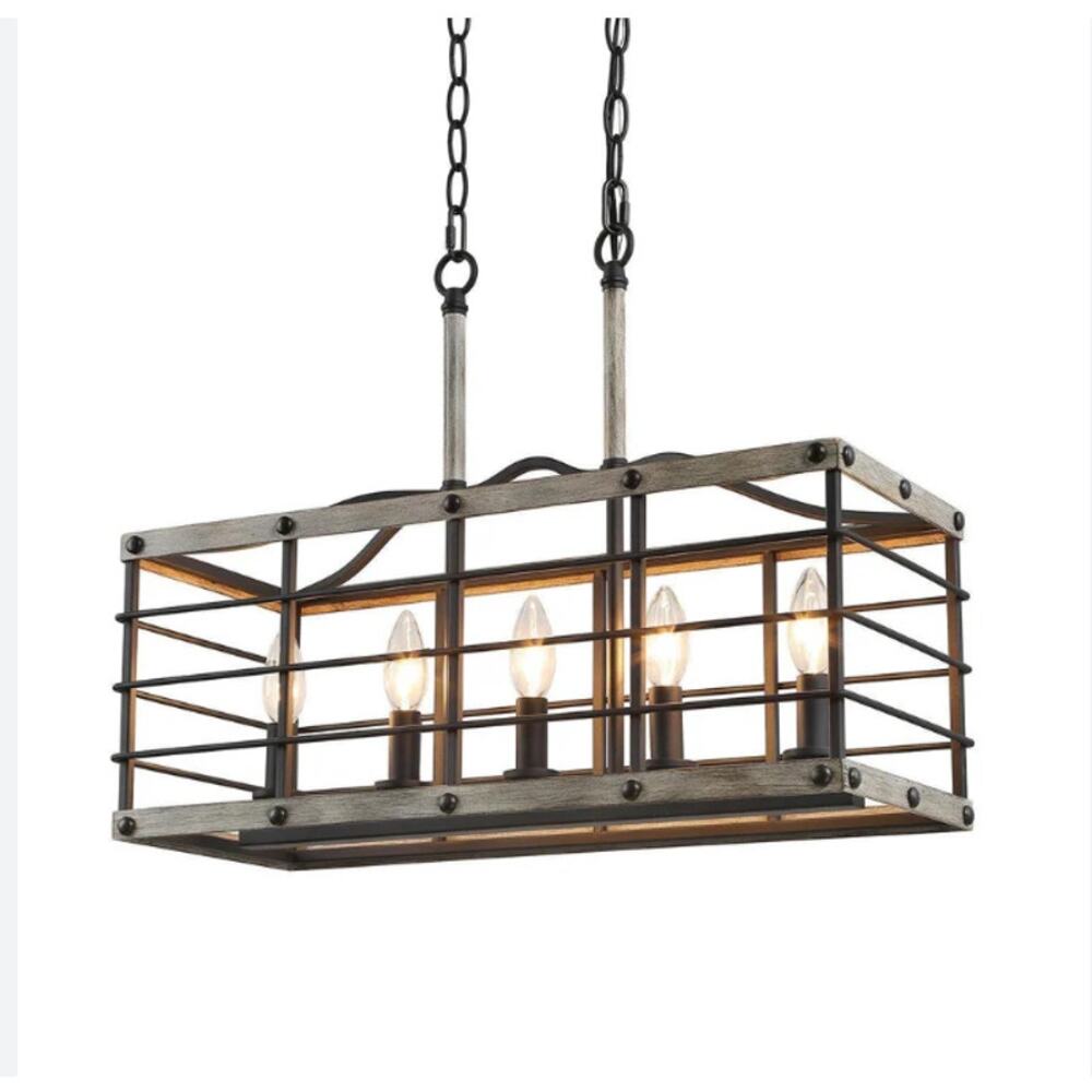 LNC Hypsikalamos 5-Light Large Grey and Wood Island Light NEW Pendant